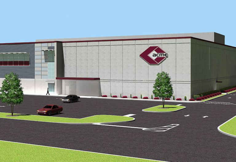 acme corrugated box expansion rendering tree, logo, building grass road cars